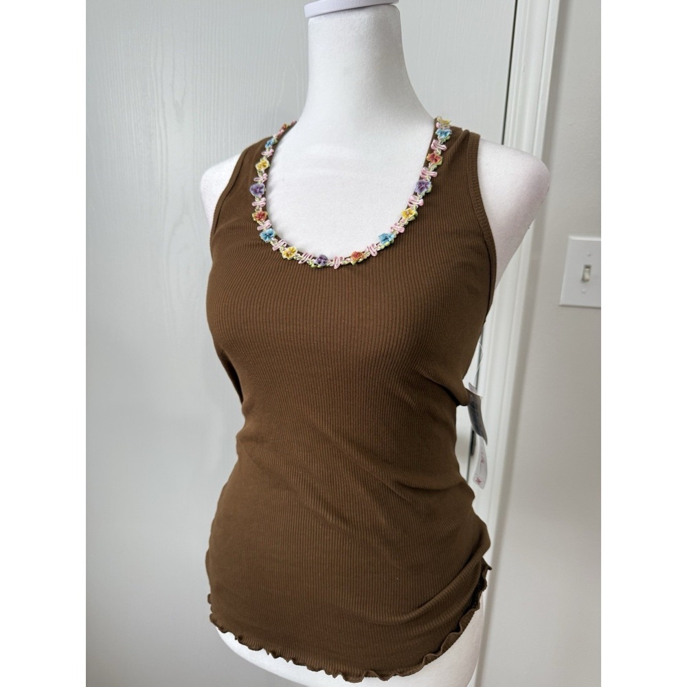 Celle Brown Ribbed Halter Tank Babydoll Floral Trim Detail NWT Medium Fairycore - Picture 4 of 9